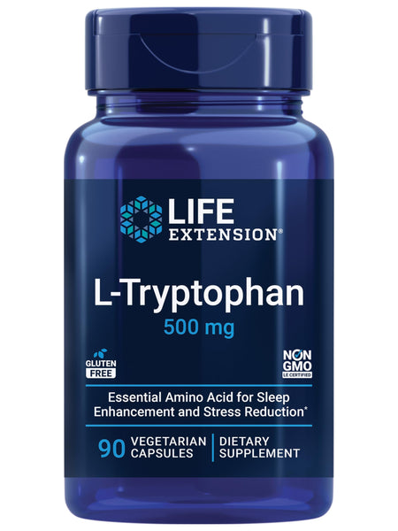 Life Extension L-Tryptophan, 500 mg, Encourages Healthy Serotonin Levels and Promotes Healthy Sleep, Mood, Stress Response & Satiety, Gluten-Free, Non-GMO, Vegetarian, 90 Capsules