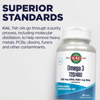 Thumbnail for KAL Omega 3 Fish Oil - Eye, Brain, and Joint Support Supplement - Molecularly Distilled and Lab Verified - 30 Servings, 60 Softgels