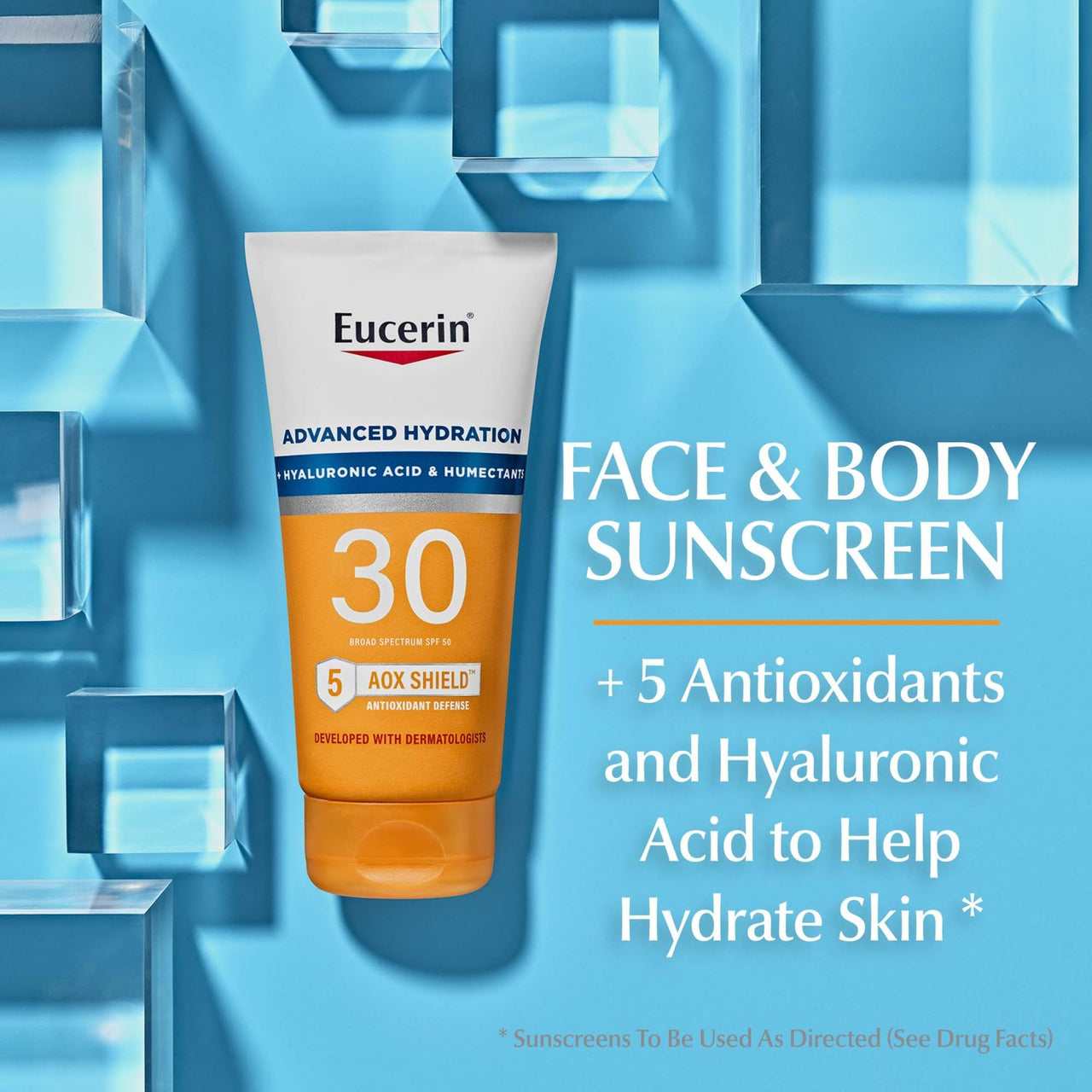 Eucerin Sun Advanced Hydration SPF 30 Sunscreen Lotion, Lightweight Sunscreen with Hyaluronic Acid and Humectants, Hypoallergenic, Fragrance Free, No Oxybenzone or Octinoxate, 5 Fl Oz Tube