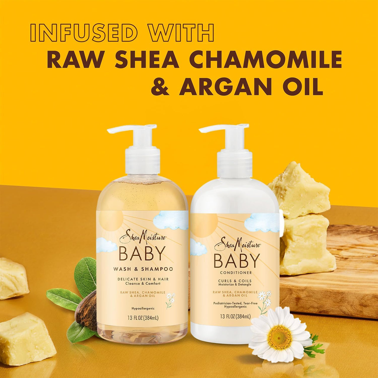 SheaMoisture Baby Essentials, Body Wash & Shampoo + Curls & Coils Conditioner, Detangler with Raw Shea, Chamomile & Argan Oil, Pediatrician-Tested, Hypoallergenic, Tear-Free, 13 Oz Ea