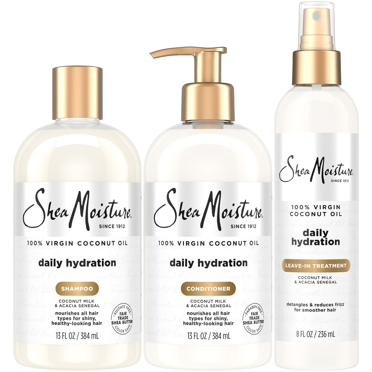 SheaMoisture Shampoo & Conditioner + Leave-in Treatment, Daily Hydration with Coconut Oil, Hair Detangler, Frizz Control, Cruelty-Free (3 Piece Set)