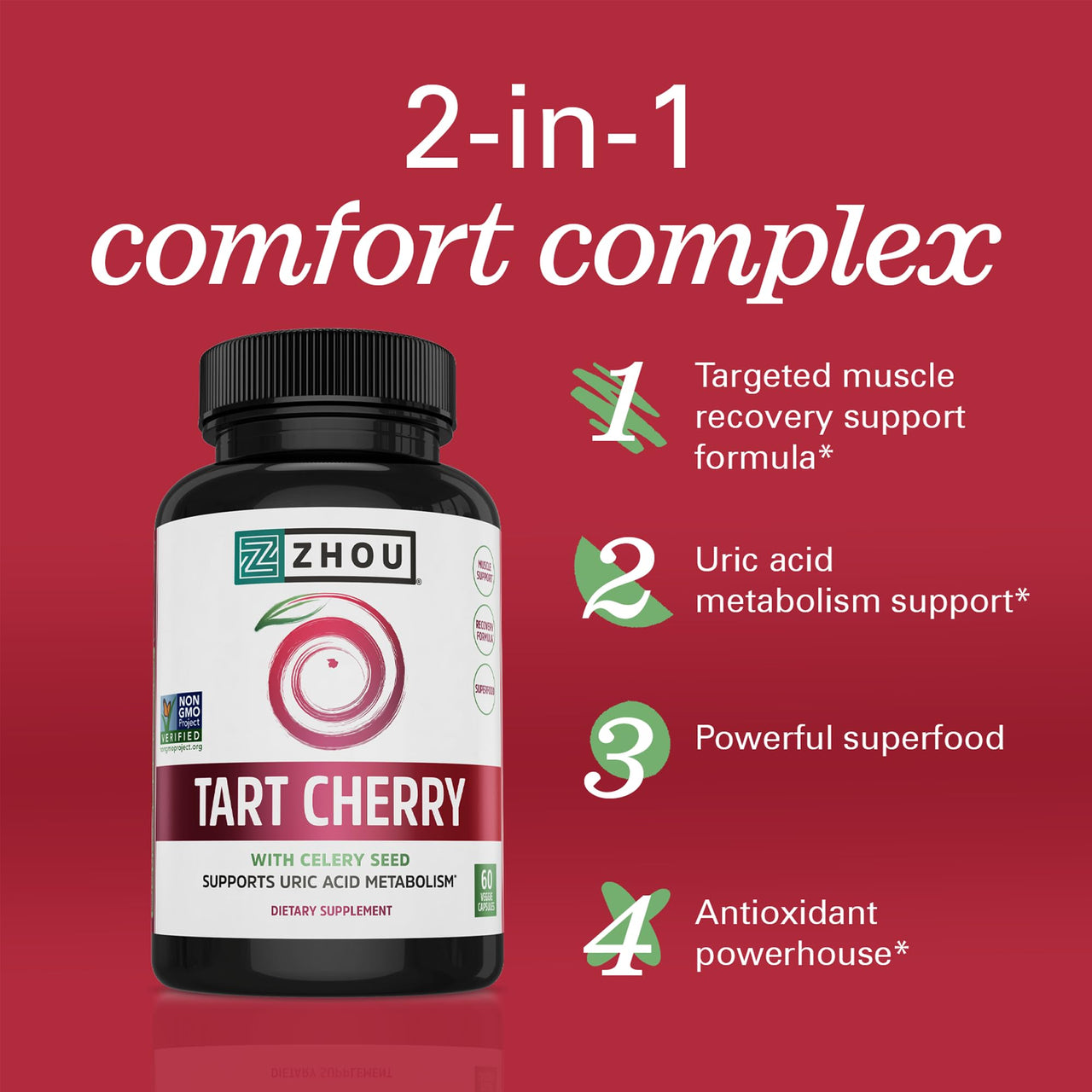 Zhou Tart Cherry Extract Plus Celery Seed - Tart Cherry Capsules for Men & Women, Muscle Recovery and Uric Acid Metabolism Support - 1000 mg Per Pill - 30 Servings, 60 Veggie Capsules (Pack of 1)