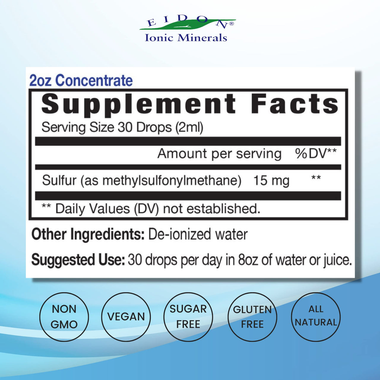Eidon Ionic Minerals Liquid Sulfur Concentrate Drops - Pure Ionic MSM Sulfur Supplement, Supports Smooth Skin & Glossy Hair, No Preservatives or Additives, Gluten & Sugar Free - 2 oz