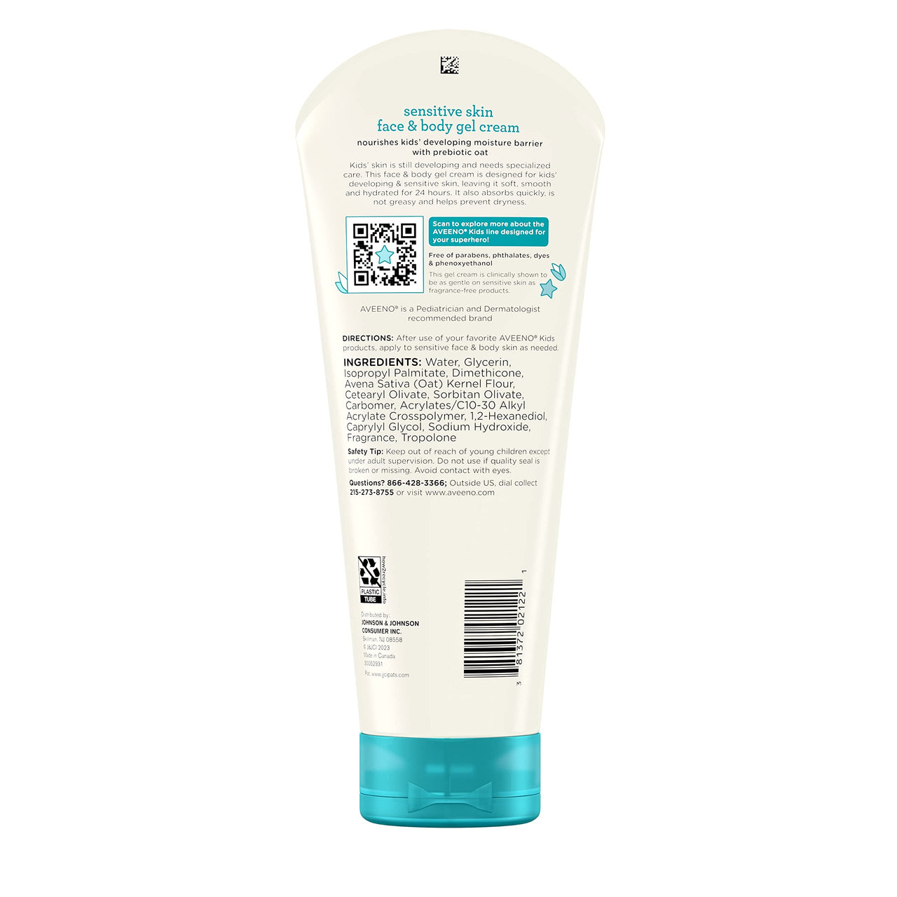 Aveeno Sensitive Skin Face & Body Gel Cream for Kids with Prebiotic Oat, Clinically Proven 24 Hour Hydration for Soft Skin, Quick Drying and Lightweight, Hypoallergenic, 8 oz