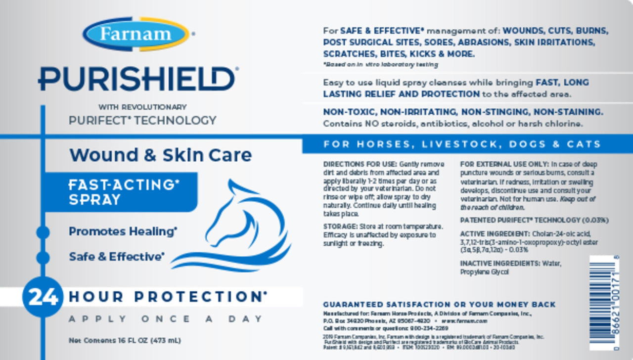 Farnam Purishield Wound & Skin Fast Acting Spray, All-purpose cleaner with 24 hour protection promotes healing and skin repair for horses, dogs, cats and livestock, 16 Ounces