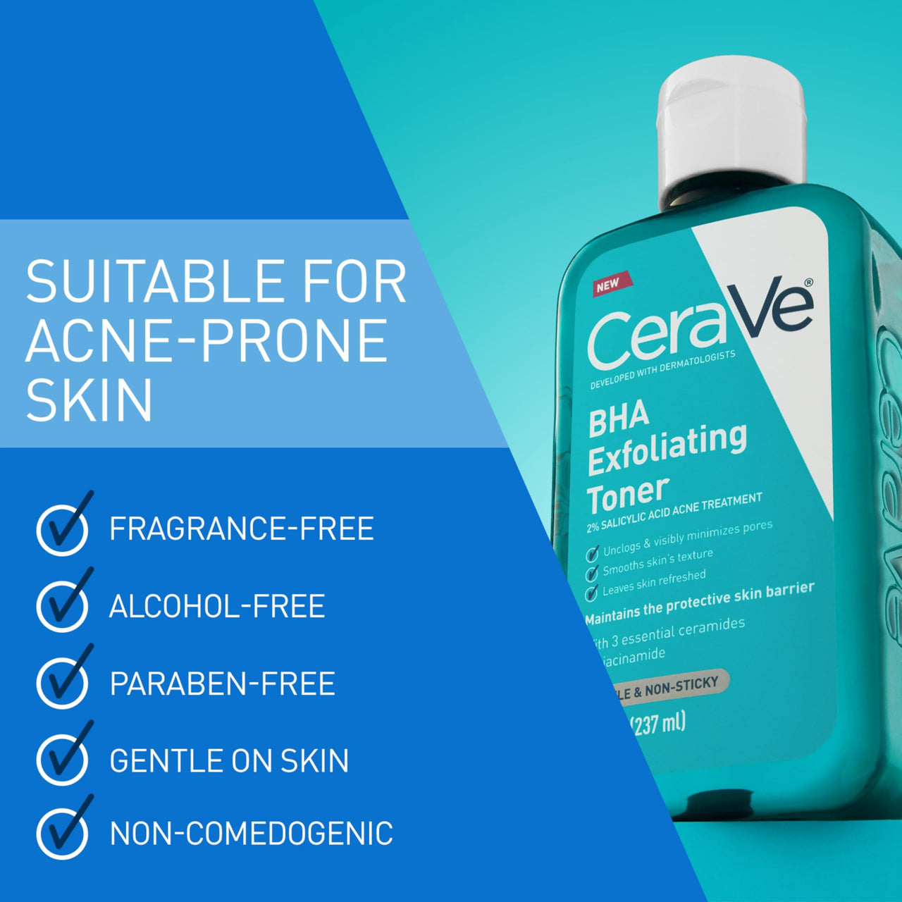 CeraVe BHA Exfoliating Facial Toner for Pore Minimizing & Smoother Skin with Ceramides, 2% Salicylic Acid & Niacinamide, Oil Control, Anti-Acne, Fragrance-Free, Safe for Sensitive Skin, 8oz