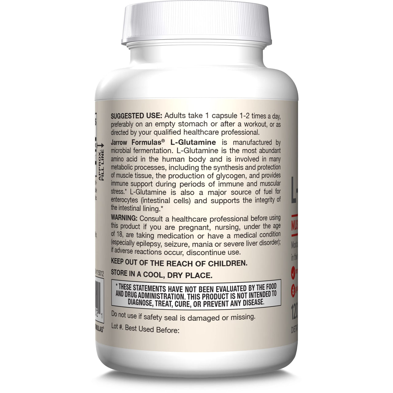 Jarrow Formulas® L-Glutamine 750 mg, Dietary Supplement, Immune and Muscle Support, 120 Veggie Capsules, Up to 120 Day Supply