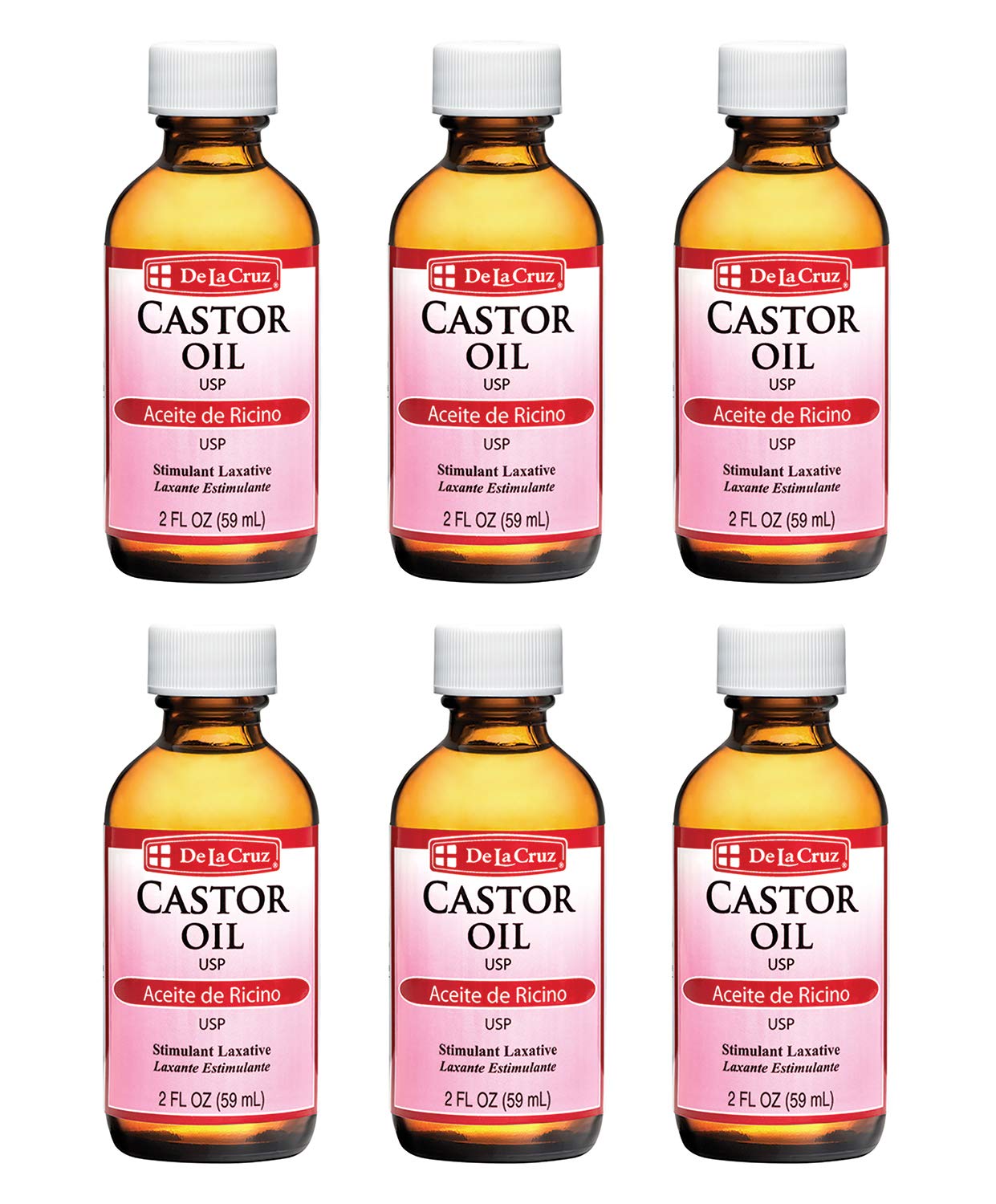De La Cruz Castor Oil - 100% Pure Expeller Pressed Castor Oil for Nourishing Skin, Hair, Eyelashes, and Eyebrows - Natural Laxative USP Grade, 2 FL Oz (6 Bottles)