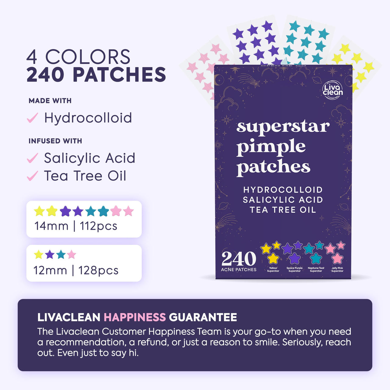 LivaClean Star Pimple Patches for Face w/Hydrocolloid, Salicylic Acid & Tea Tree, 240 Patches, Hydrocolloid Acne Patch, Cute Star Pimple Patch for Healing Stickers Zit Superstar