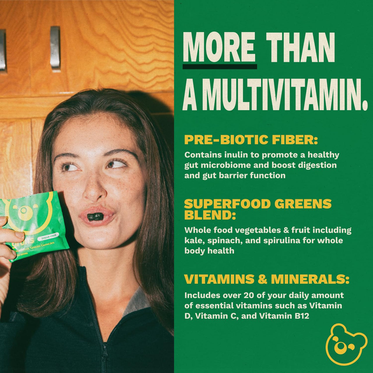 Gruns Adult Sugar-Free Super Greens Multivitamin Gummies, Superfood Gummy Vitamins for Women and Men with Spirulina, Chlorella, Adaptogens & Prebiotic Fiber for Digestive Health (28 Count)