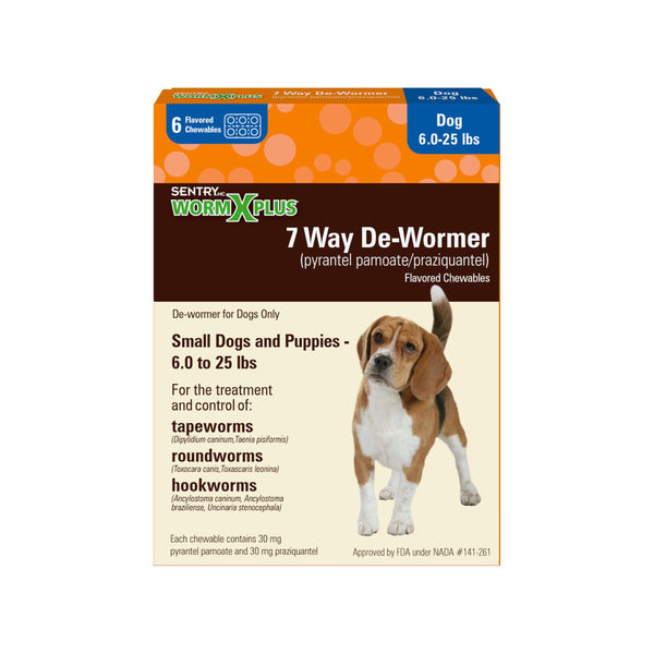 WORM X PLUS 7 Way De-Wormer Chewables for Dogs - Tablets for Small Dogs & Puppies (6-25 lbs) (pyrantel pamoate/praziquantel), 6 Count