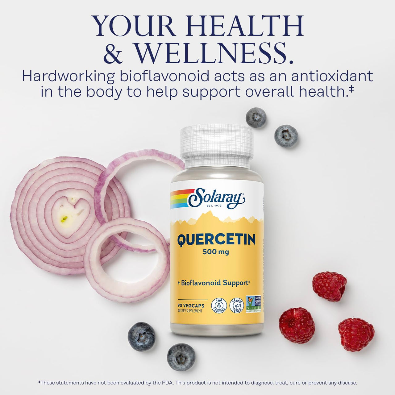 SOLARAY Quercetin 500mg Capsules - Antioxidants Supplement - Bioflavonoid and Antioxidant Support for Overall Health and Wellness - Non-GMO, Vegan, Lab Verified, 60-Day Guarantee, 90 Servings