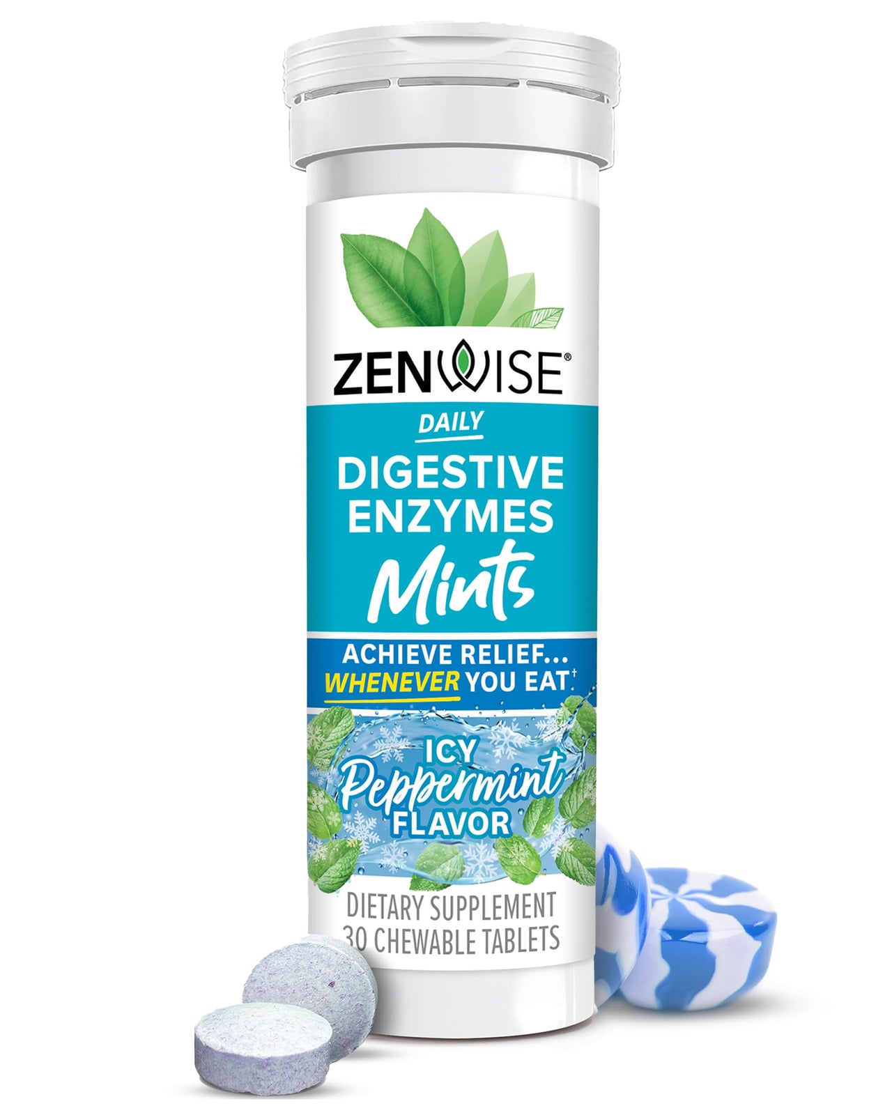 Zenwise Health Digestive Enzyme Breath Mints for Gut Health, ICY Peppermint Flavor - Digestive Enzymes for Bloating Relief & Gut Support - Multi Enzymes Digestion Supplement - 30 Chewable Tablet
