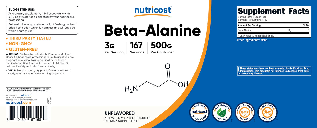 Nutricost Beta Alanine Powder 500 Grams (1.1lbs) - Pure Beta Alanine, Gluten Free & Non-GMO