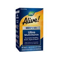 Thumbnail for Nature's Way Alive! Men’s 50+ Daily Ultra Multivitamin, High Potency Formula, Supports Healthy Brain, Eyes & Heart*, with Methylated B12, Gluten-Free, 60 Tablets (Packaging May Vary)
