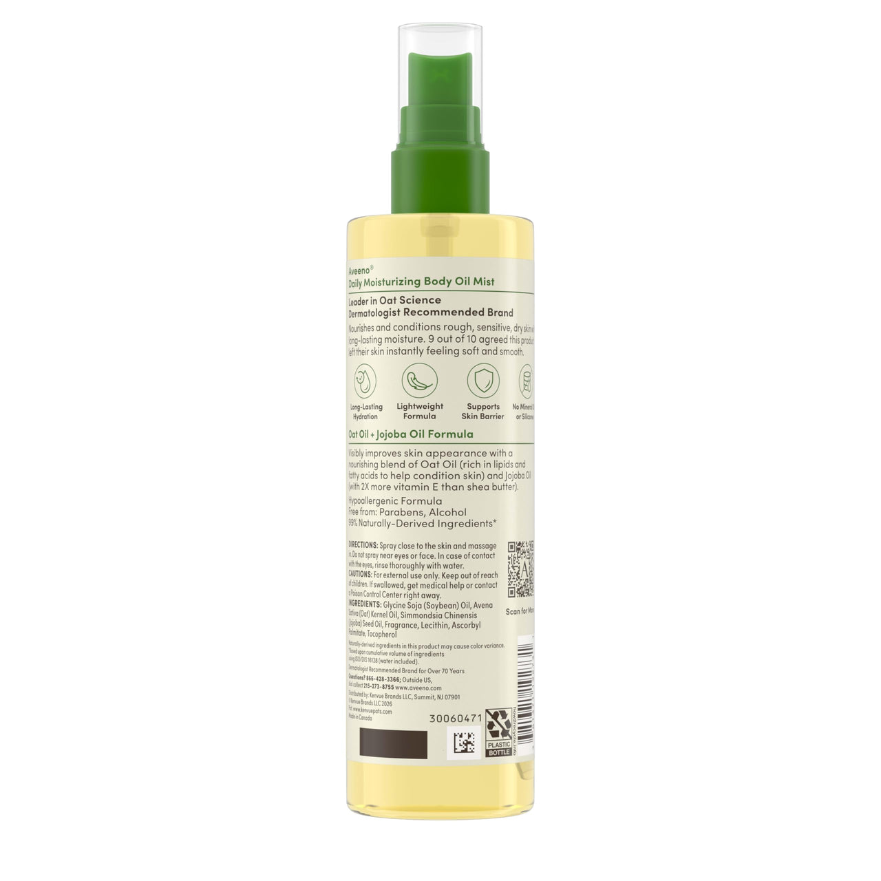 Aveeno Daily Moisturizing Dry Body Oil Mist with Oat & Jojoba Oil for Dry, Rough, Sensitive Skin, Lightweight, Non-Greasy, Body Spray, Paraben, Silicone & Phthalate-Free, 6.7 fl oz