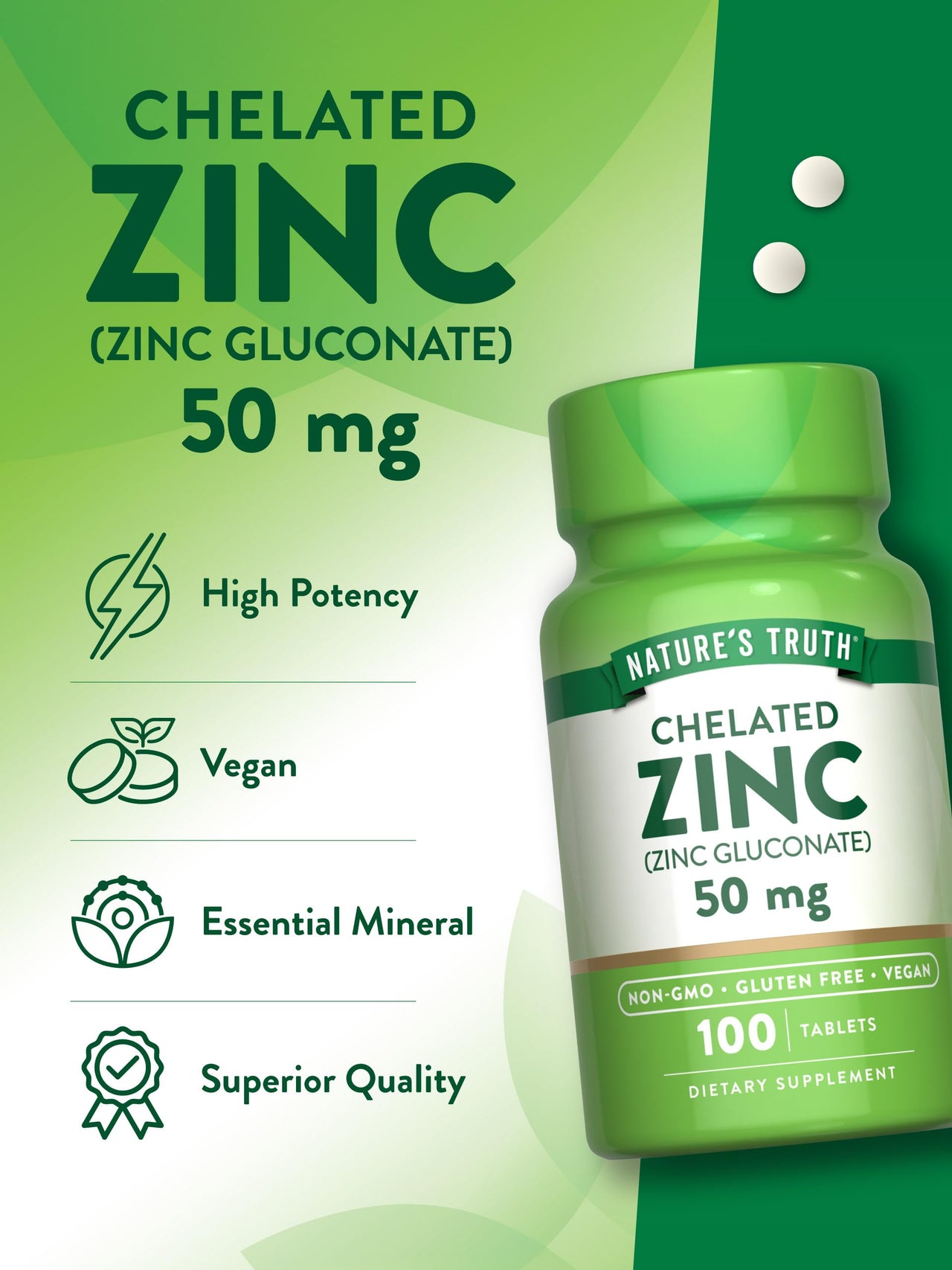 Nature's Truth Chelated Zinc 50mg | 100 Tablets | Essential Mineral Supplement | from Zinc Gluconate | Vegan, Non-GMO & Gluten Free