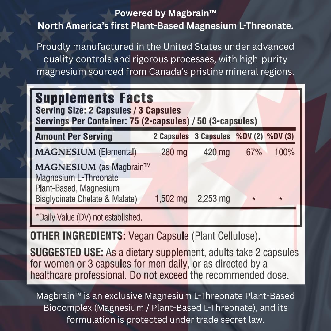 Kappa Nutrition Powered by Magbrain™ Magnesium L-Threonate Plant-Based, 150 Vegan Capsules, 420mg Elemental Magnesium (3 Capsules) from 2,253mg, Brain, Sleep & Muscle Support.
