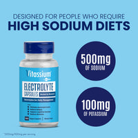Thumbnail for Vitassium Electrolyte Capsules, Electrolytes for The Management of POTS and High Sodium Diets (500mg Sodium - 100mg Potassium), Unflavored, 100 Salt Pills (Size 0)