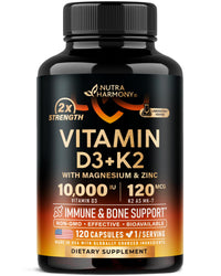Thumbnail for Vitamin D3 K2 - Vitamin D3 10000 iu & K2 as MK-7 120 mcg - Immune & Mood Support, for Bone & Teeth Health - with Magnesium, Zinc & Vitamin C & B12 - Highly Bioavailable - Made in USA, 120 Capsules
