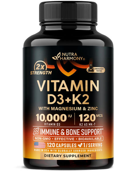 Vitamin D3 K2 - Vitamin D3 10000 iu & K2 as MK-7 120 mcg - Immune & Mood Support, for Bone & Teeth Health - with Magnesium, Zinc & Vitamin C & B12 - Highly Bioavailable - Made in USA, 120 Capsules