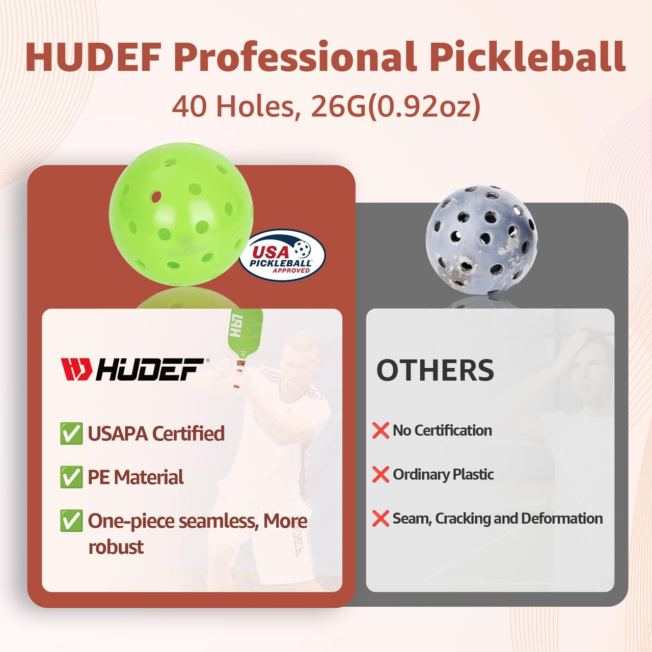 HUDEF Pickleball Paddles, USAPA Approved Pickle Ball Paddles Set of 2, Graphite and Fiberglass Pickleball Paddles, Polypropylene Honeycomb Core Paddle Rackets, 4 Outdoor Balls and Carry Bag Green