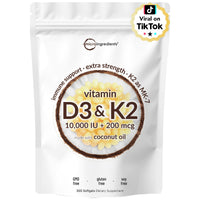 Thumbnail for Micro Ingredients Vitamin D3 10,000 IU + K2 MK-7 200 mcg, 300 Softgels with Virgin Coconut Oil | 2-in-1 Vitamins D & K Complex | Extra Strength, Easy to Swallow, Non-GMO, Gluten Free