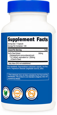 Thumbnail for Nutricost Devils Claw 1,200mg Equivalent from 300mg of 4:1 Extract Per Serving, 120 Capsules for 120 Servings Per Bottle - Vegetarian, GMO Free and Gluten Free