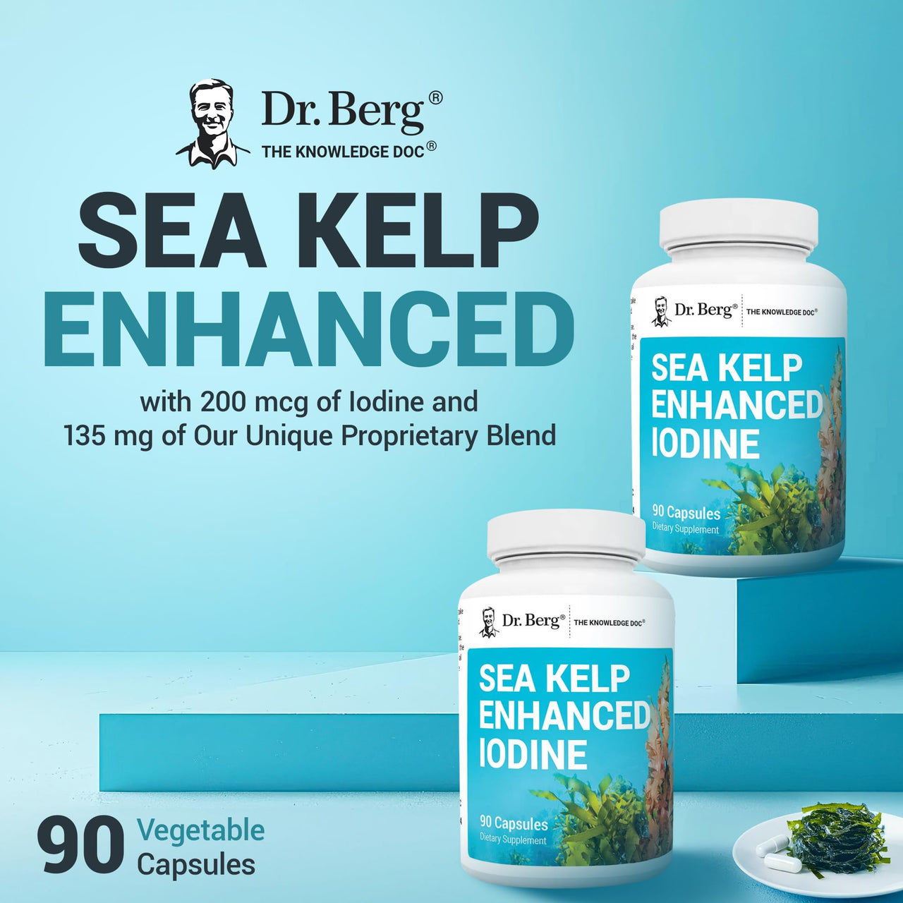 Dr. Berg Sea Kelp Enhanced Iodine - 200 mcg of Premium Iodine - Seaweed Blend Includes Klamath Blue-Green Algae & Sea Kelp - 90 Capsules