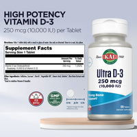 Thumbnail for KAL Ultra Vitamin D3 10000 IU 250 mcg, High Potency Vitamin D Tablets, Calcium Absorption, Bone Health and Immune Support Supplement, Rapid Disintegration D-3 ActivTabs, 120 Servings, 120 Tablets