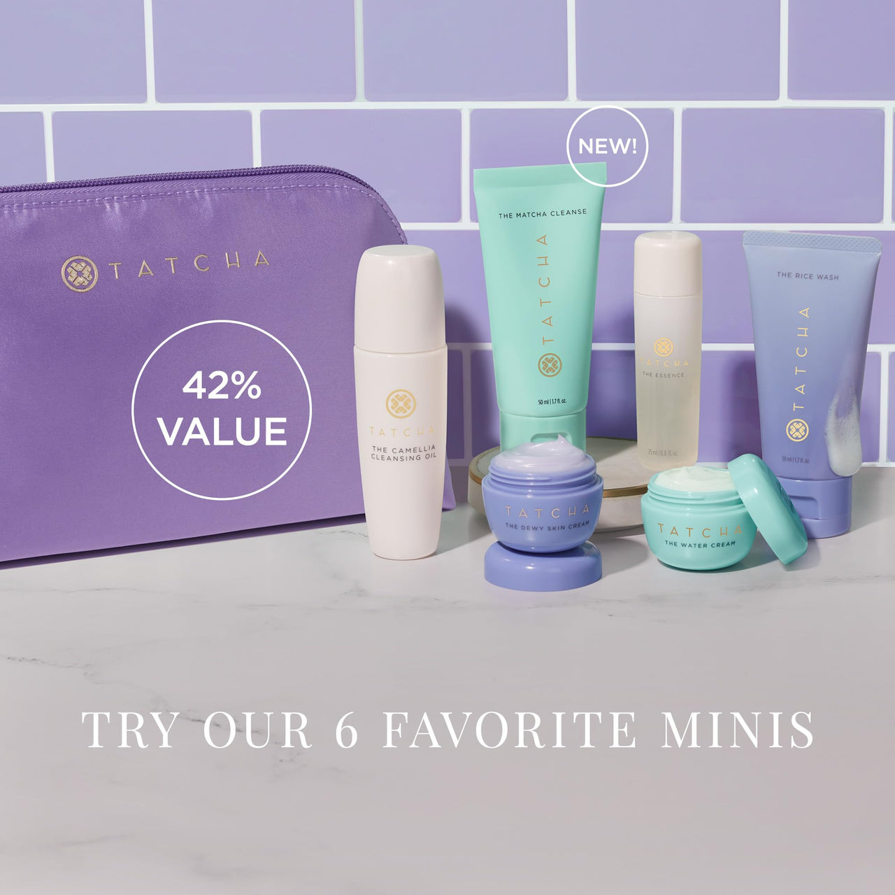 TATCHA Mini Favorites Set | Travel Sized Bestselling Cleansers, Essence, and Moisturizers | $120 Value
