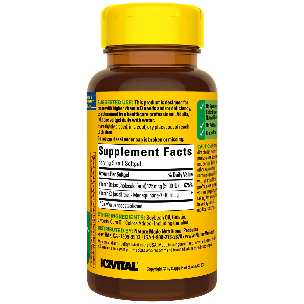 Nature Made Vitamin D3 K2, 5000 IU (125 mcg) Vitamin D, Dietary Supplement for Bone, Teeth, Muscle and Immune Health Support, 30 Softgels, 30 Day Supply
