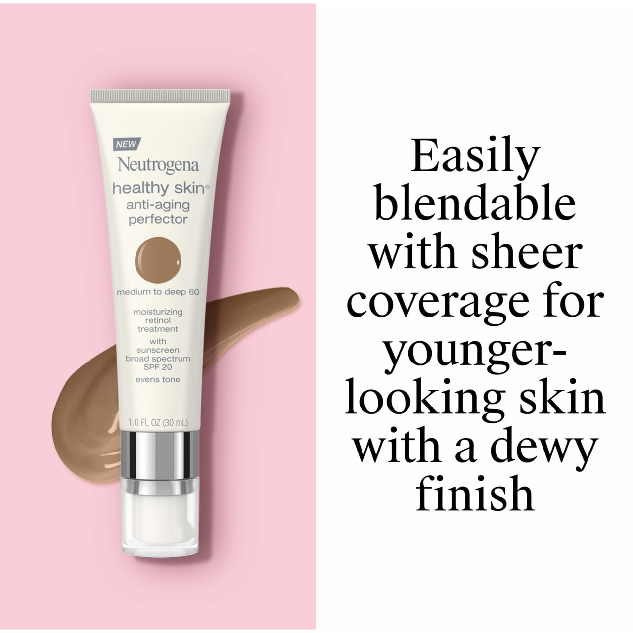 Neutrogena Healthy Skin Anti-Aging Perfector Tinted Facial Moisturizer and Retinol Treatment with Broad Spectrum SPF 20 Sunscreen with Titanium Dioxide, 60 Medium to Deep, 1 fl. oz