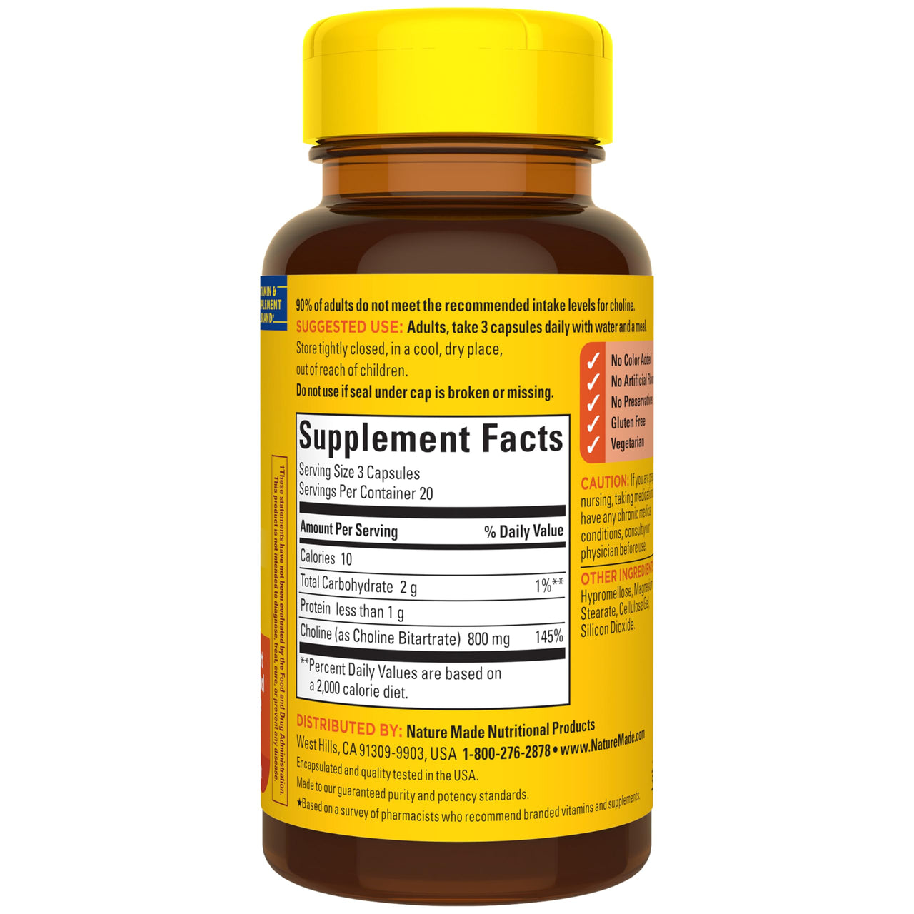 Nature Made Extra Strength Dosage Choline Supplements 800 Mg Per 3 Capsules, Brain Health, Mood, Muscle & Liver Support, Vegetarian, 60 Capsules, 20 Day Supply