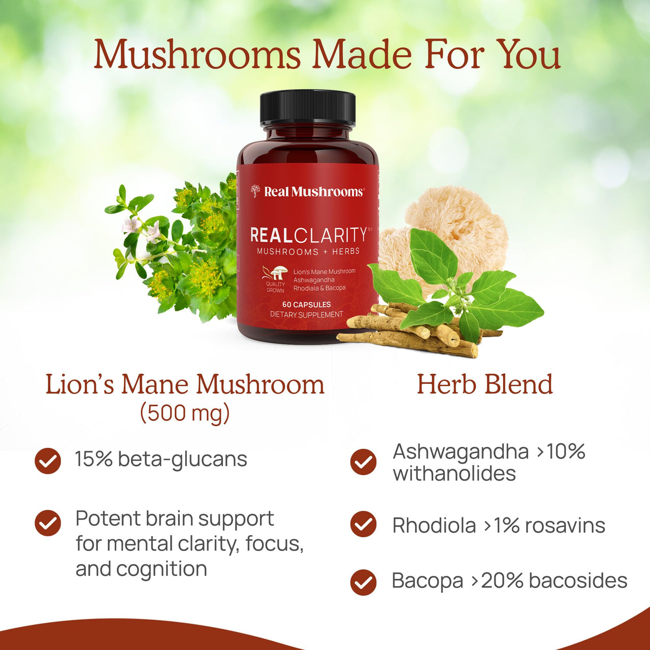 Real Mushrooms RealClarity Capsules – Lion’s Mane, KSM-66 Ashwagandha, Rhodiola & Bacopa – Mental Sharpness, Alertness. & Adaptogenic Support – Vegan, Non-GMO – 60 Count Mushroom Supplement