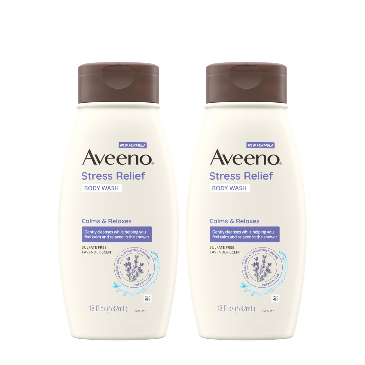 Aveeno Stress Relief Body Wash with Nourishing Oat & Lavender Scent for Sensitive Skin, Gently Cleanses & Helps You Feel Calm & Relaxed in the Shower, Soap-Free, Twin Pack, 2 x 18 fl. oz