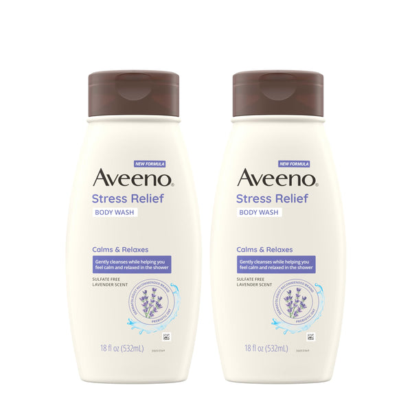 Aveeno Stress Relief Body Wash with Nourishing Oat & Lavender Scent for Sensitive Skin, Gently Cleanses & Helps You Feel Calm & Relaxed in the Shower, Soap-Free, Twin Pack, 2 x 18 fl. oz