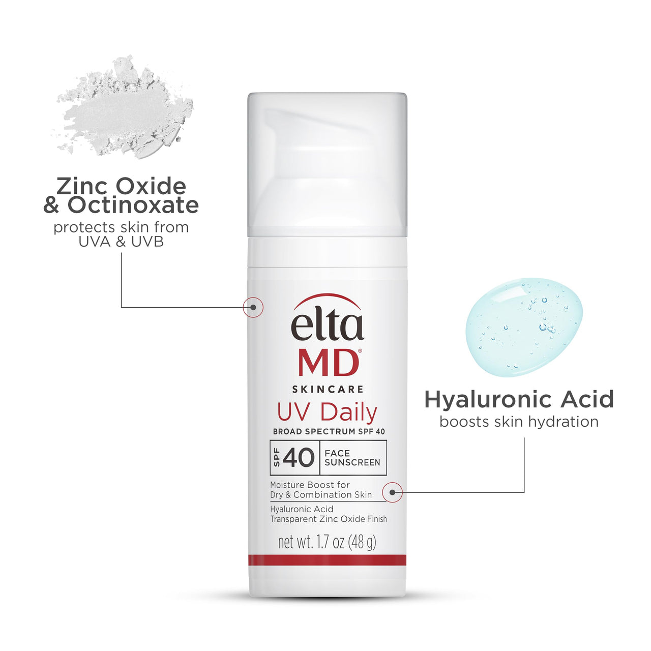 EltaMD UV Daily SPF 40 Face Sunscreen Moisturizer with Zinc Oxide, Daily Face Moisturizer with SPF, Sunscreen, For Dry Skin 1.7 oz Pump