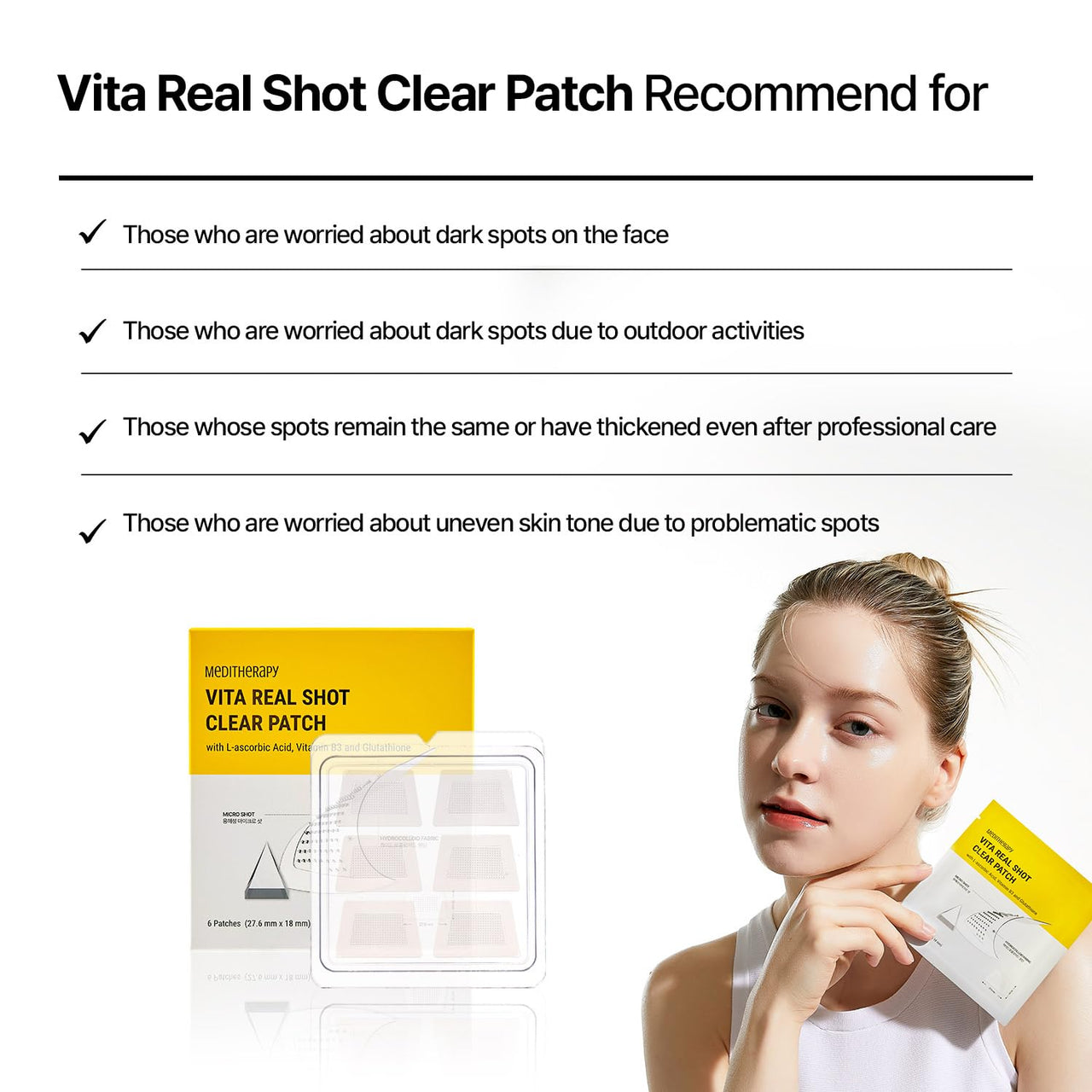Vita Real Shot Clear Patch - Dark Spot Remover for Face, Hydrocolloid Patch for Acne and Blemish Marks - Melting Needle Tips with Vitamin C, Glutathione, and Niacinamide - Pigmentation Treatment - 6EA