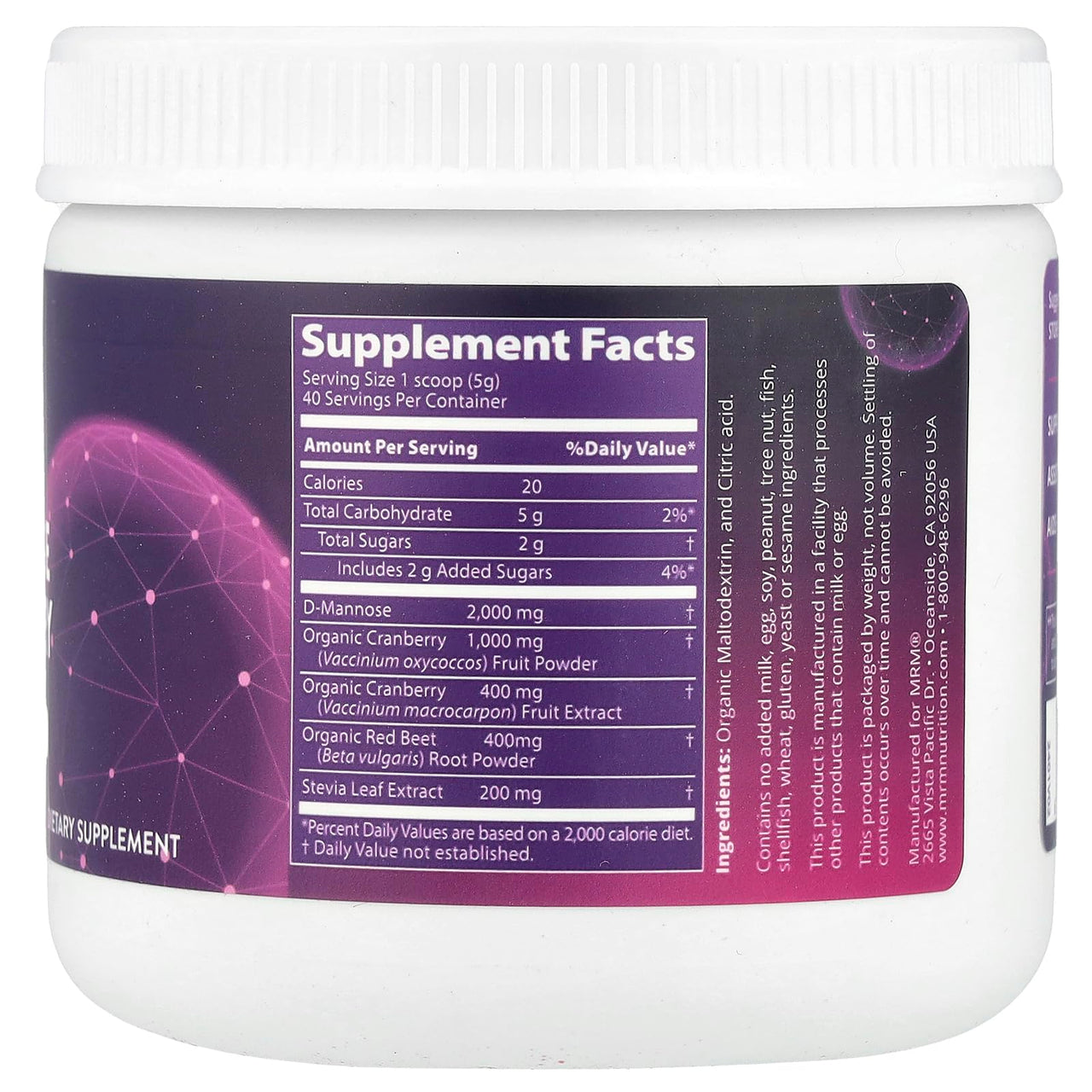MRM Nutrition D-Mannose + Cranberry Powder - Urinary Tract & Bladder Health Support for Women and Men, Low-Sugar, Gluten-Free, Vegan Supplement, Cranberry Flavored - 40 Servings