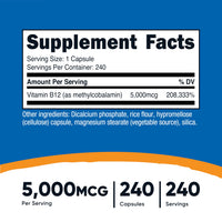 Thumbnail for Nutricost Vitamin B12 (Methylcobalamin) 5000mcg, 240 Capsules - Vegetarian Caps, Non-GMO, Gluten Free B12 Supplement