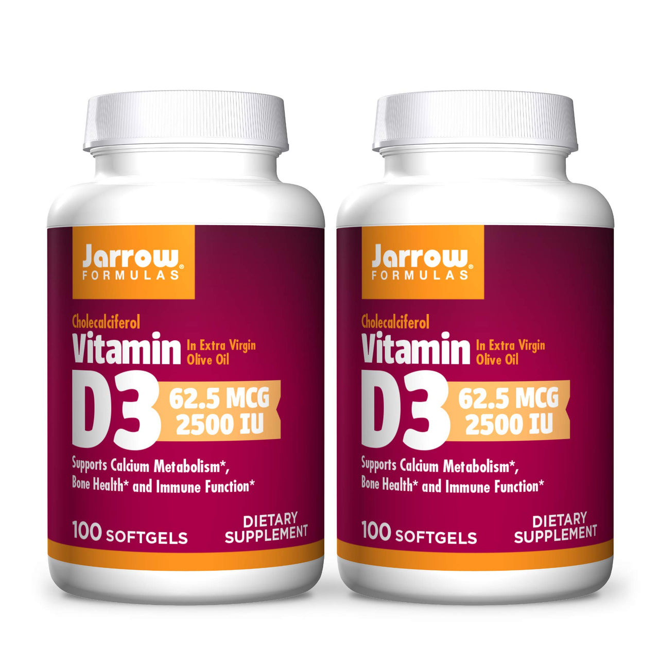 Jarrow Formulas Vitamin D3 2500 IU - 100 Softgels, Pack of 2 - Bone Health, Immune Function & Calcium Metabolism Support - 200 Total Servings