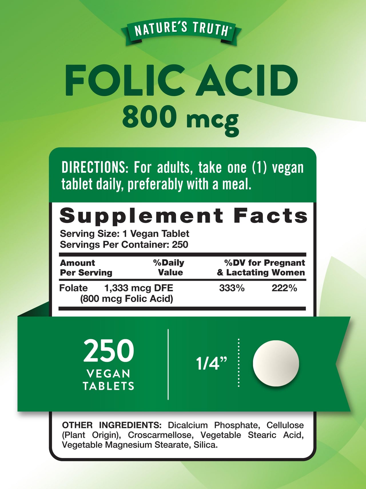 Nature's Truth Folic Acid | 800 mcg | 250 Tablets | Vegan, Non-GMO & Gluten Free Supplement