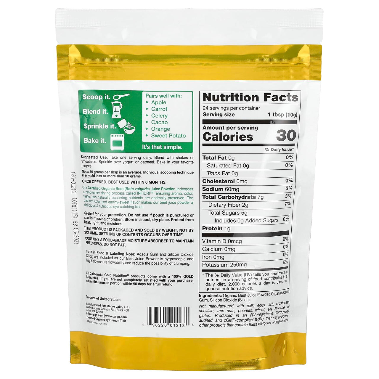 Organic Beet Powder, Sourced from USA, USDA Certified Organic, 8.5 oz (240 g)