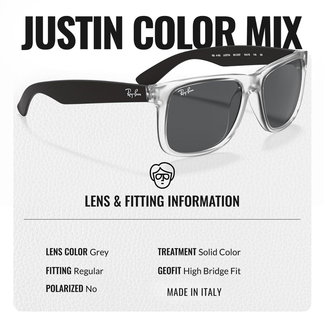 Ray-Ban RB4165 JUSTIN COLOR MIX Square Shaped Non-Polarized Sunglasses for Men – Includes Official RAYBAN Eyewear Kit – Ideal Formal & Casual Wear Sunglasses – Grey Lens