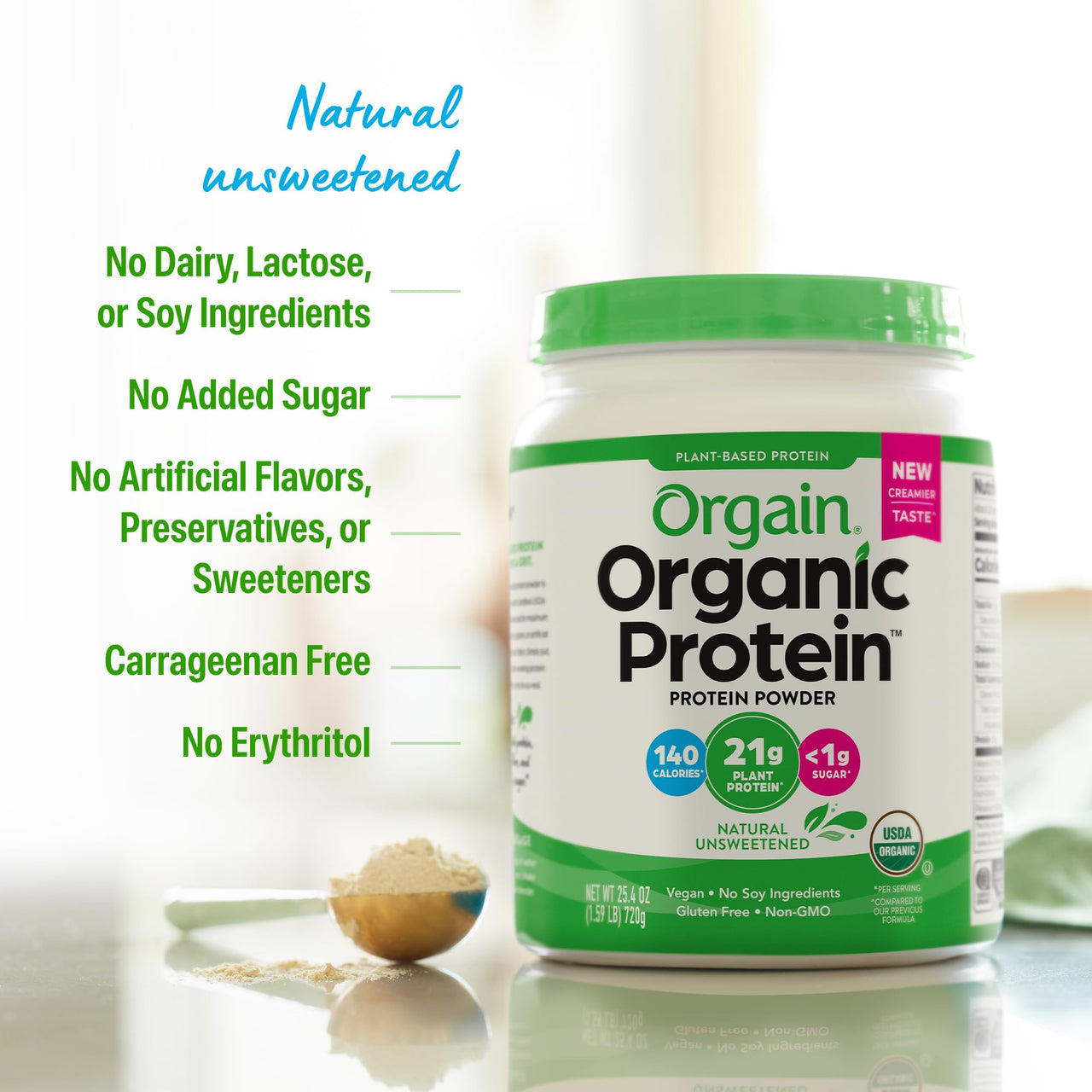 Orgain Organic Vegan Protein Powder, Natural Unsweetened - 21g of Unflavored Plant Protein, 4g Prebiotic Fiber, Low Net Carbs, No Added Sugar, Non-GMO, For Shakes & Recipes, 1.59 lb