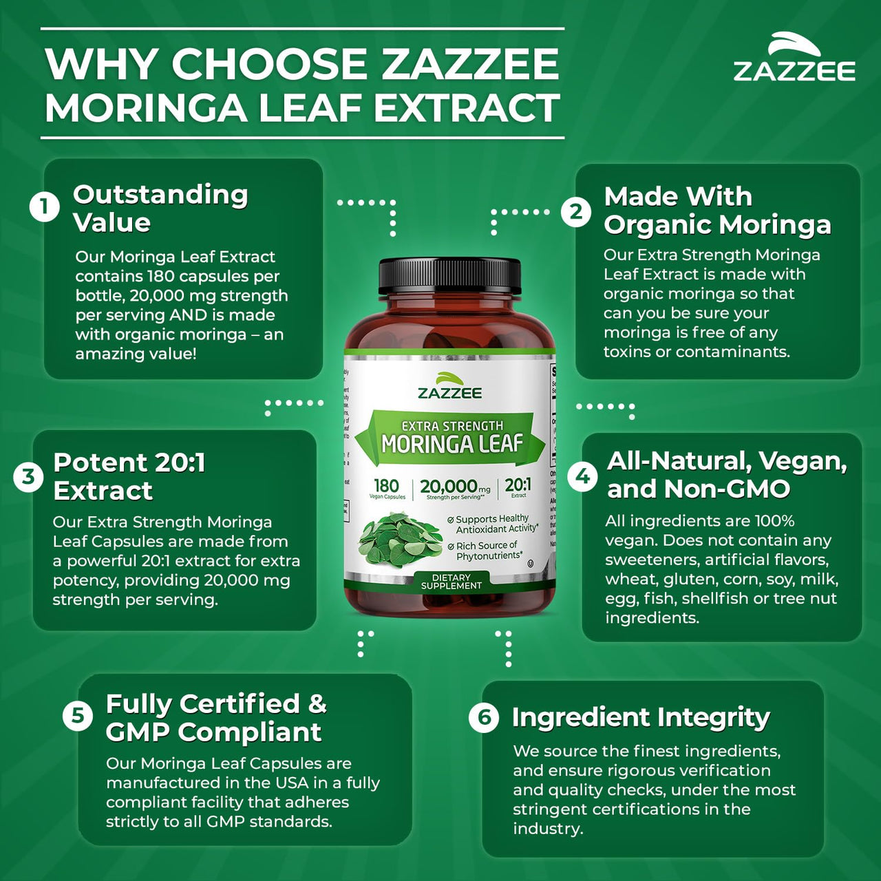 Zazzee USDA Organic Moringa Leaf 20:1 Extract, 180 Vegan Capsules, 3 Month Supply, Certified Kosher, Moringa Oleifera, Antioxidant, Immune & Cellular Support, Superfood Supplement, Made in the USA