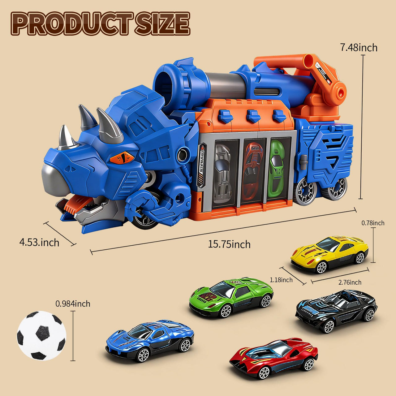 STBEIMEIMY Triceratops Dinosaur Truck, Foldable Storage & Shooting with 10 Cars Foldable Storage Holds 10 Cars & 12 Soft Balls, Sturdy Non-Toxic Build, Indoor & Outdoor Play