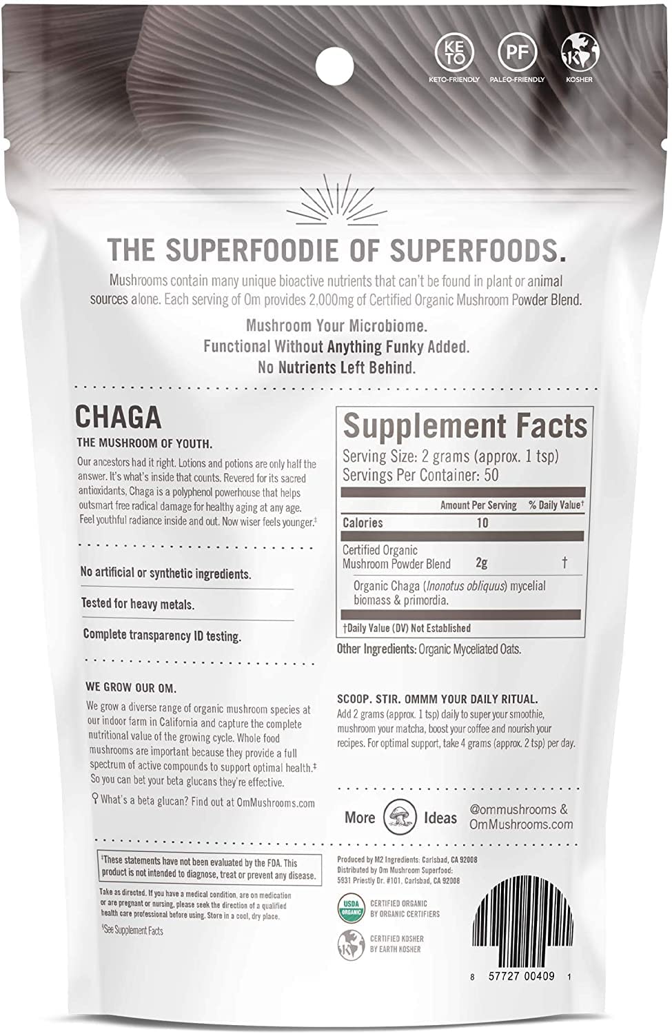 Om Mushroom Superfood Chaga Organic Mushroom Powder, 3.5 Ounce, 50 Servings, US Grown, Sacred Antioxidants & Immune Support, Superfood Mushroom Supplement