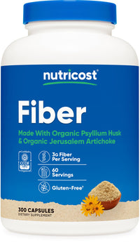 Thumbnail for Nutricost Fiber Capsules with Prebiotic Fiber Supplement 300 Capsules - Made with Organic Psyllium Husk & Organic Jerusalem Artichoke, 60 Servings, Gluten Free, 3 G Per Serving